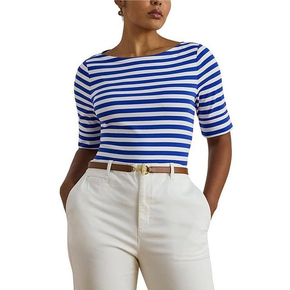 Lauren Ralph Lauren Blue/White Striped Stretch Cotton Boatneck Top Size XL